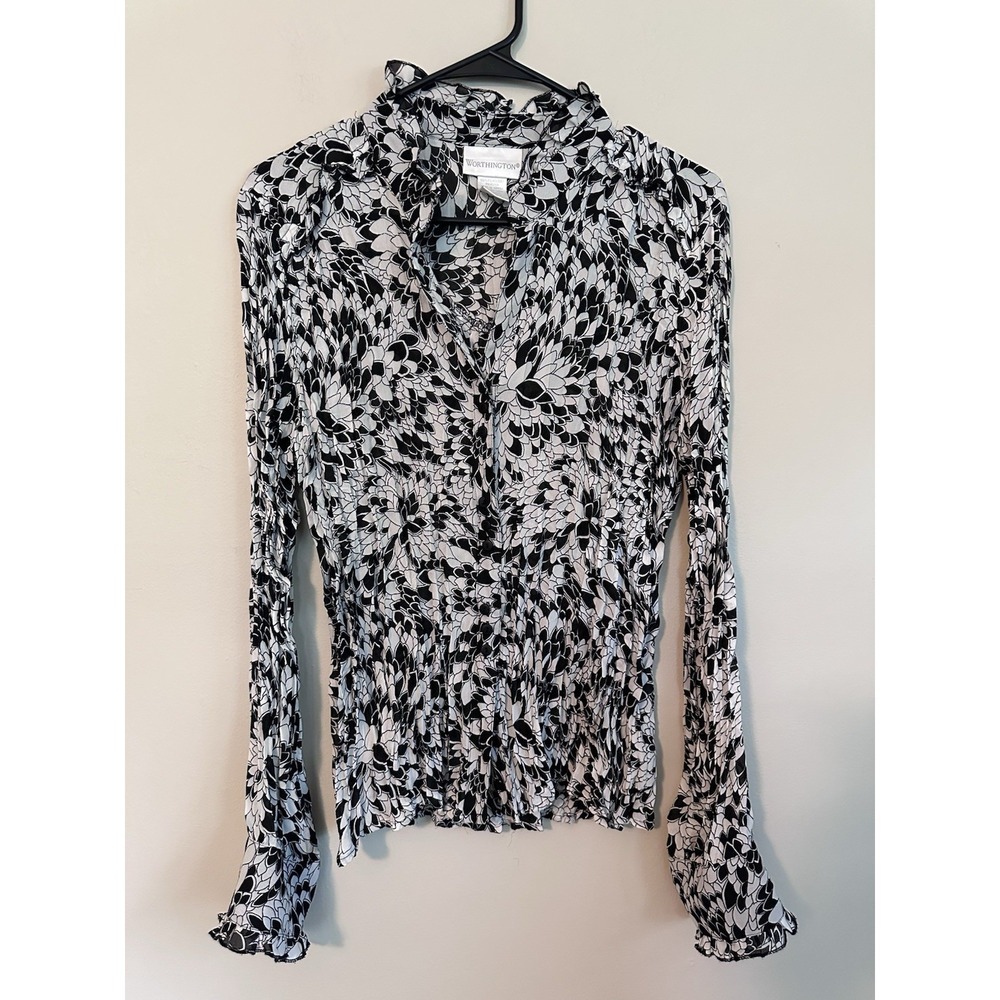 Women's Black White Plisse Pleated Printed Button Up Sheer Blouse Ruffled LARGE